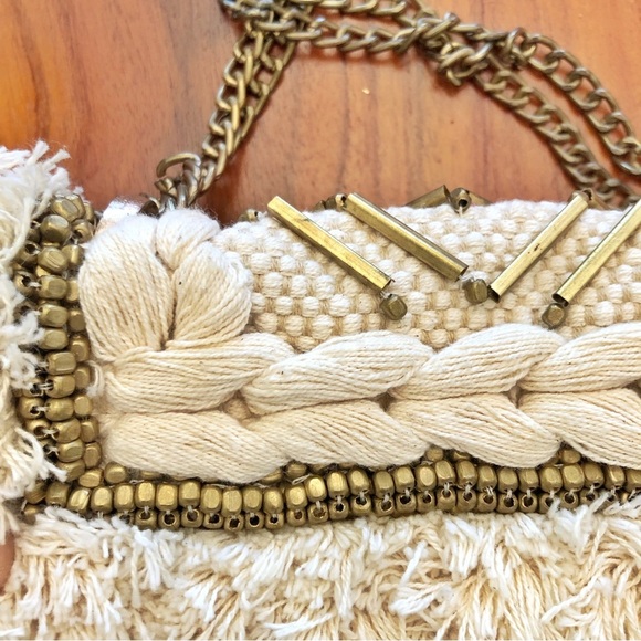 ZARA Unique Boho Beaded Cream Golden Tone Chain &Hardware Crossbody Shoulder Bag - Picture 6 of 15